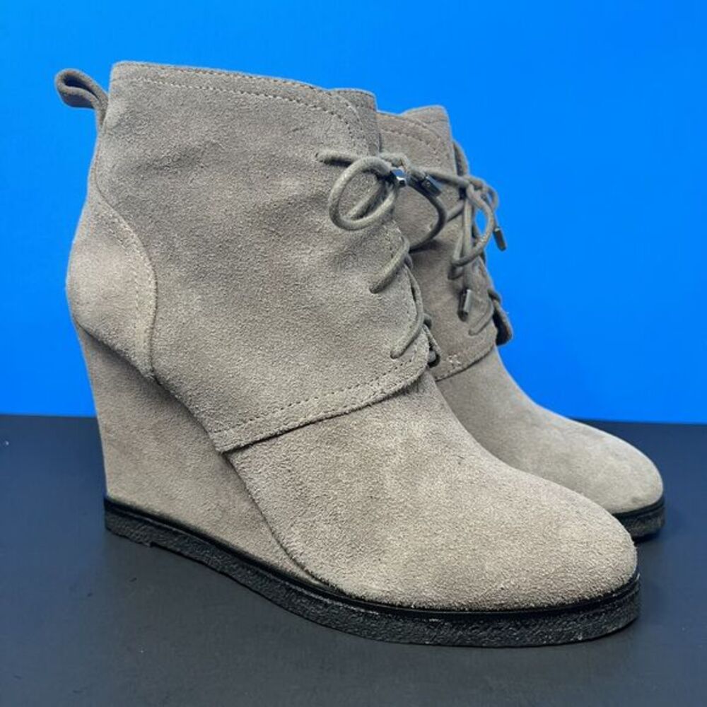 Vince Camuto Booties Women's US 7.5‎ Gray Kiotio Wedge Ankle Lace Up Suede Boots